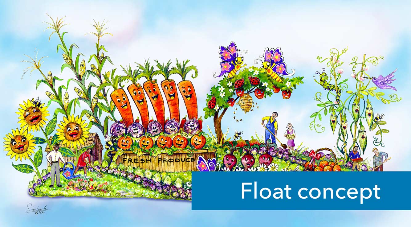 A rendering shows a colorful parade float.