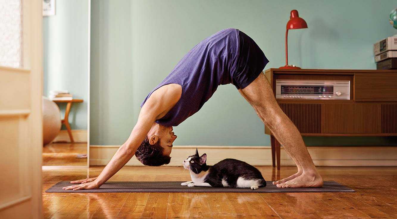 A man does yoga as his cat looks on.