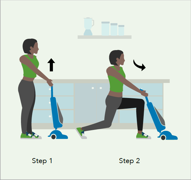 Person doing leg lunges while vacuuming at home