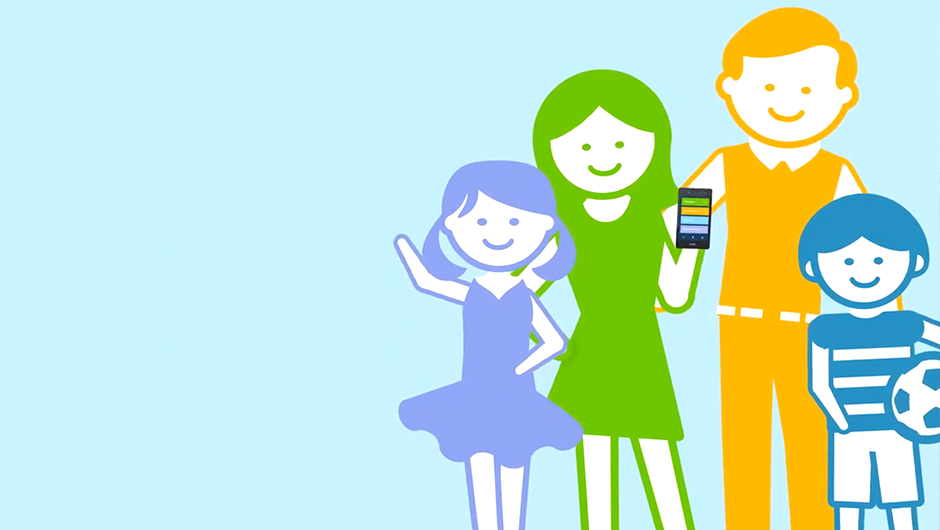Cartoon family using the Kaiser Permanente app on a smartphone.