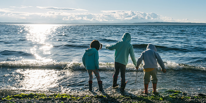 3 children standing in shallows along ocean shoreline.